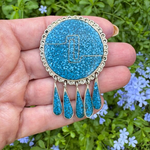 Vintage Turquoise Brooch Pendant Alpaca Silver Mexico  w/ Paddle Fringe Pin - Picture 1 of 4